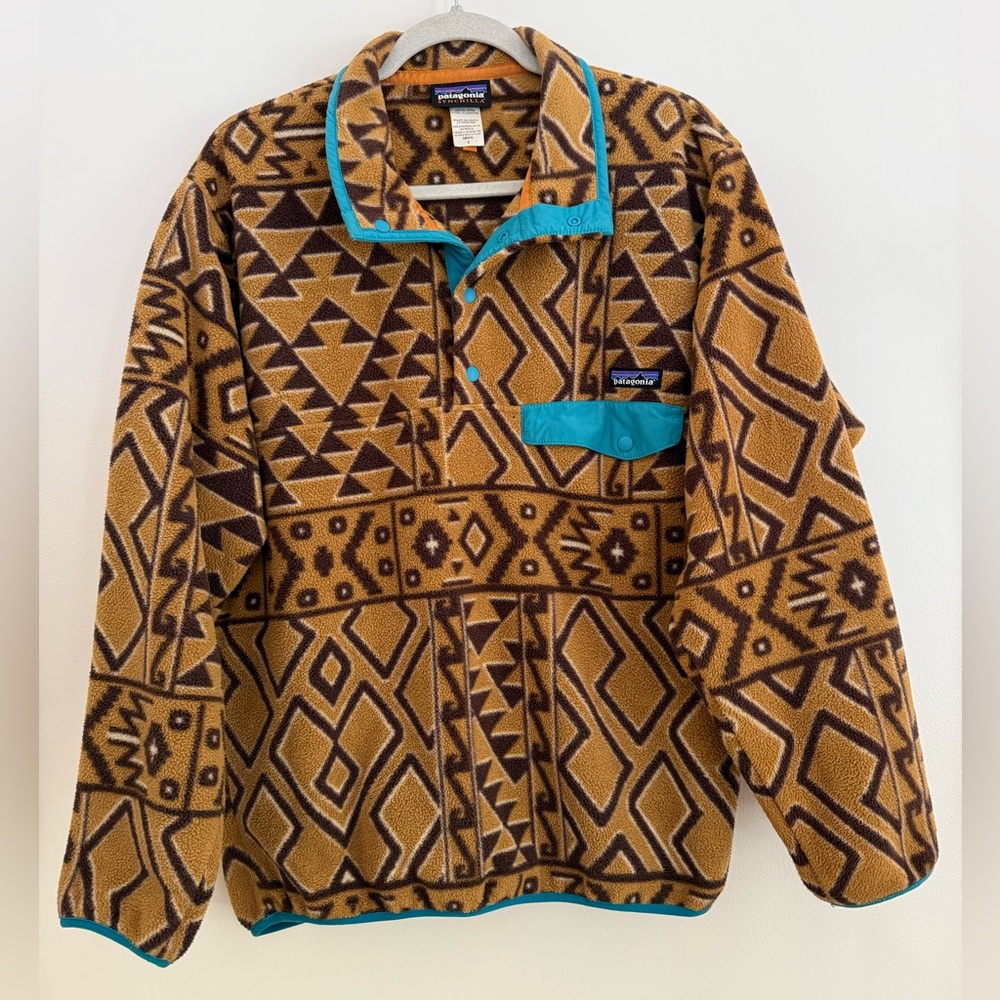 Patagonia Brown Tan Fleece Jacket Blue Trim Aztec Men’s Size‎ S Women’s Medium